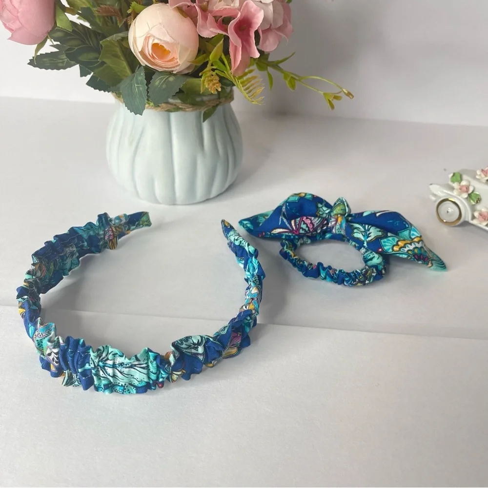 Ruffle Headbands end Scrunchie Set Girls Handmade Hair floral blue